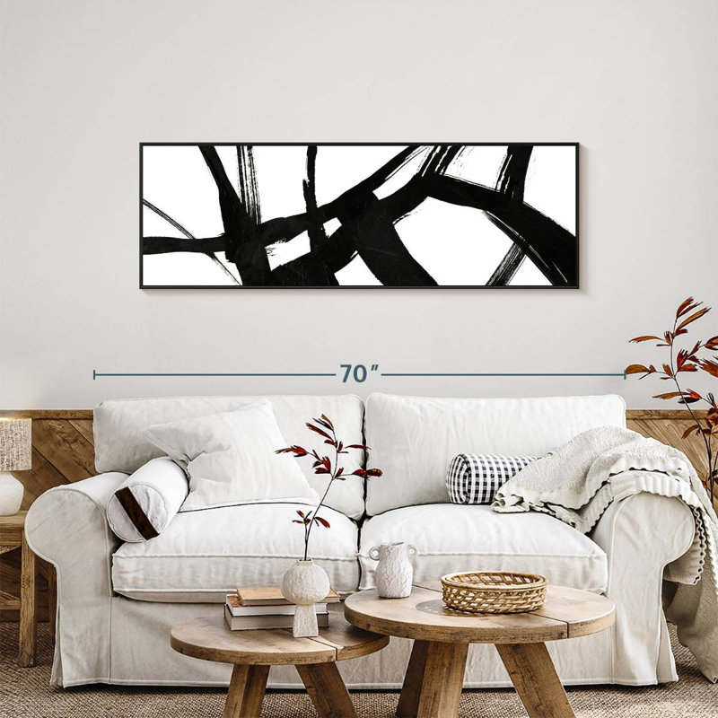Encre noire stries V, 57 po x 19 po, Cadre flottant noir