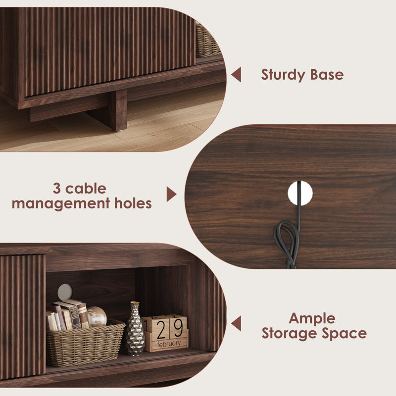 55 Inch Farmhouse Media Console, Mid Century TV Stand with Wave Pattern Door, Storage Entertainment Center for Living Room, Walnut