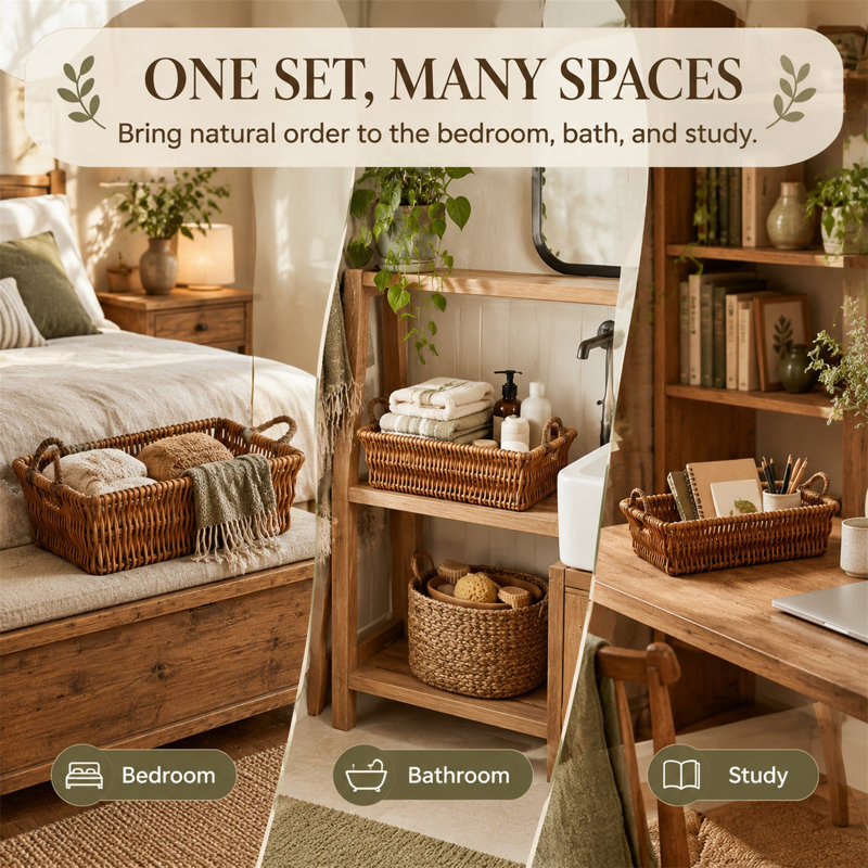 Ensemble de 5 paniers de rangement gigognes en osier, paniers de rangement en osier naturel tressé à la main avec poignées, paniers décoratifs polyvalents pour la cuisine, le salon, la salle de bain et la décoration intérieure de style campagnard.