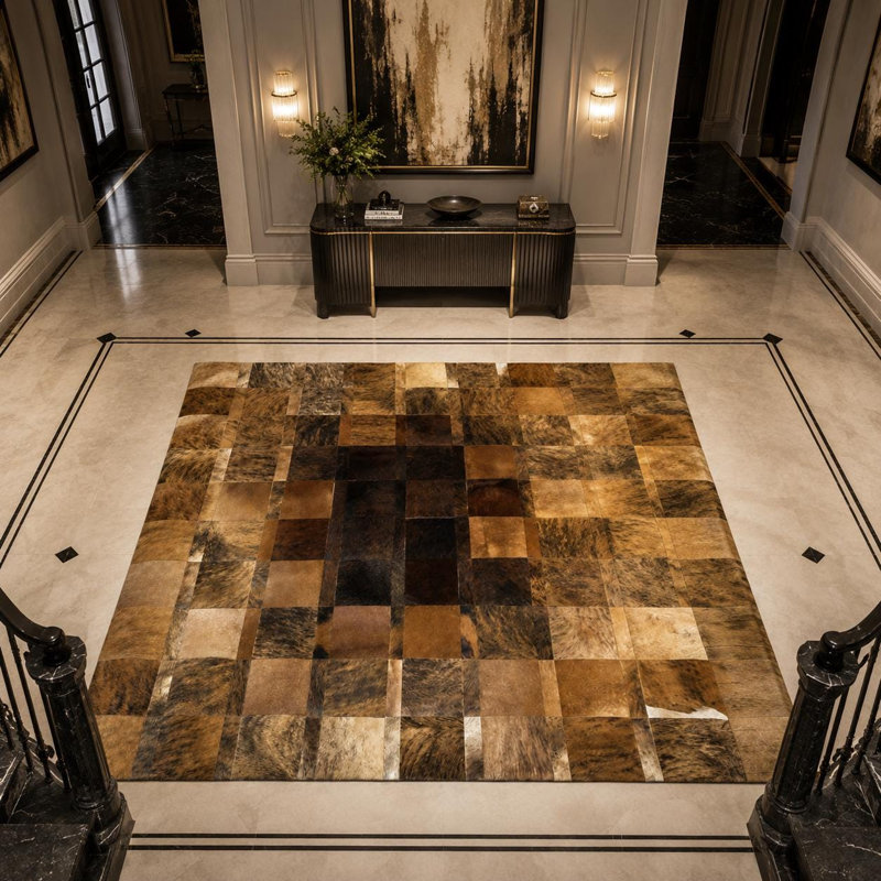 Tapis en cuir de vache patchwork fait à la main, tapis en cuir véritable, décor rustique moderne, 9 x 12 pi