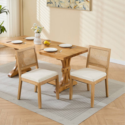 Farmhouse Rattan Dining Chairs Set of 2, Mid Century Modern with Cane Upholstered Backrest and Natural Hardwood Frame