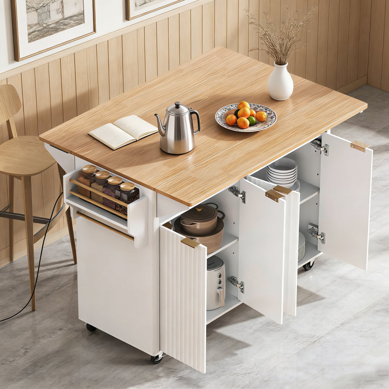 55.5" Fluted Kitchen Island with 2 Drop Leaf, White