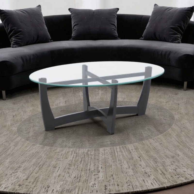 48" Oval Glass Coffee Table with Wooden Frame for Living Room Apartment, Black