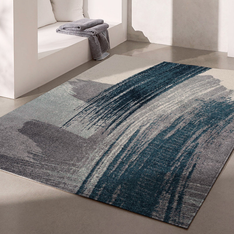 Tapis à motif abstrait bleu / blanc 5 pi x 7 pi (5 pi 3 po x 7 pi 5 po) Branch Branch Rivah - Tapis contemporain, à poils moyens et résistant aux taches