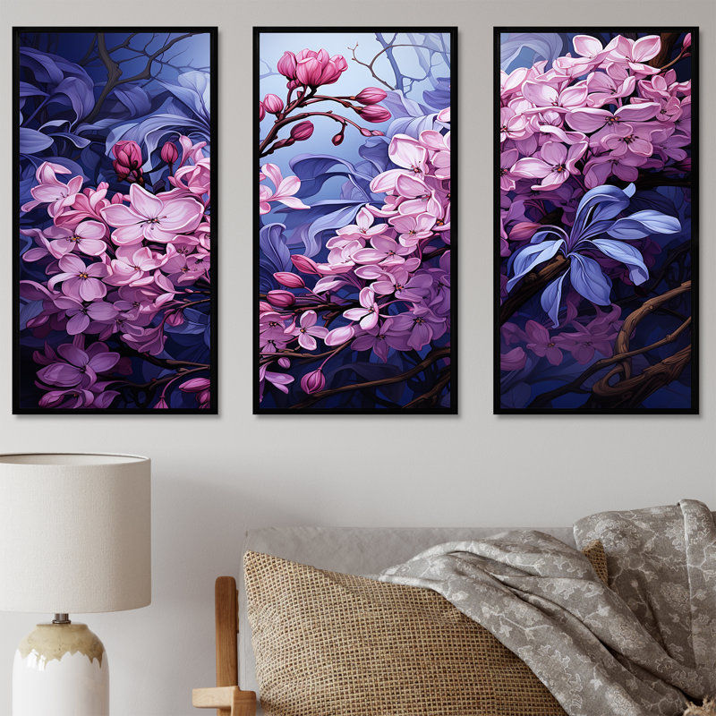 Fleurs lilas en pleine gloire I - ensemble d'art mural sur toile lilas, Cadre flottant noir, H 40 po x l 60 po x P 1 po