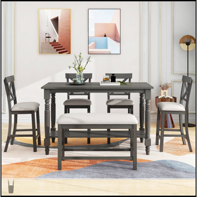 Ensemble de salle à manger 6 pièces à hauteur de comptoir avec table, tablette, 4 chaises et banc pour une élégance et une fonctionnalité modernes