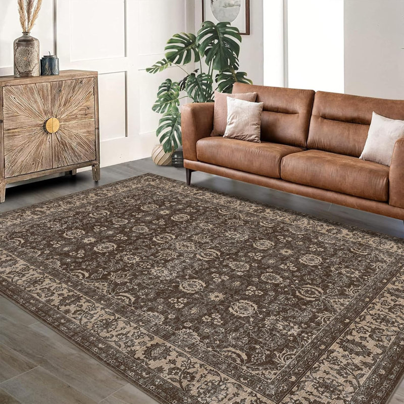 Non-Slip Washable Kitchen & Hallway Low Pile Vintage Floral, Stain Resistant, Rectangle 9' x 12'