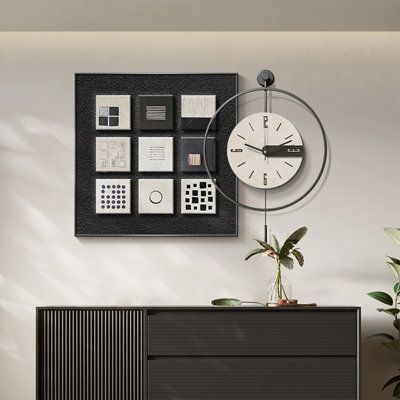 Black & White Minimalist Pattern Square Art with LED Pendulum Wall Clocks