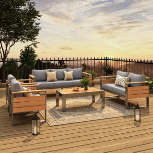 Ensemble de mobilier de patio en aluminium, canapé modulaire d'extérieur pour 7 personnes avec table basse, ensembles de conversation de patio thermolaqués avec coussin épais de 5 po et accoudoir large pour la cour, la terrasse