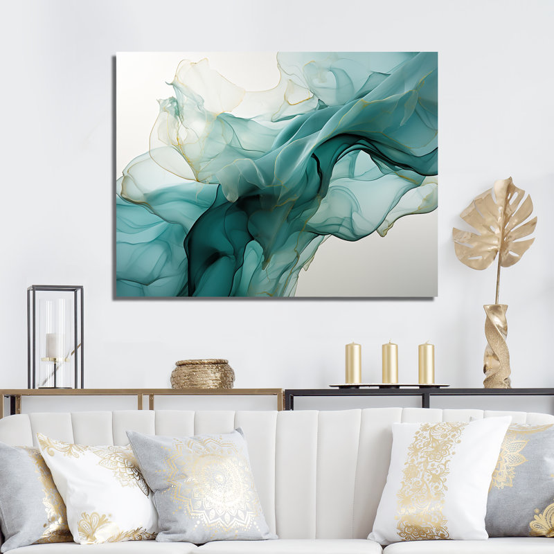 Encre liquide verte et grise liquide II - Art abstrait encre liquide, Toile tendue, H 24 po x l 32 po x P 1 po