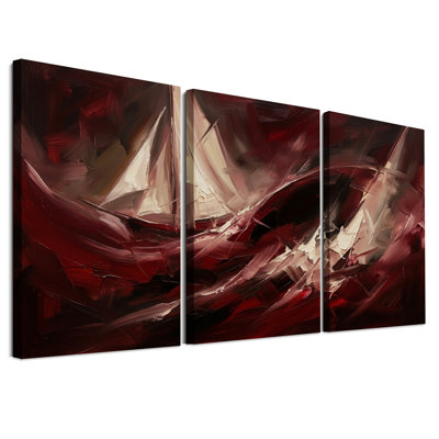 Ensemble de 3 toiles murales abstraites à coups de pinceau rouge foncé et crème
