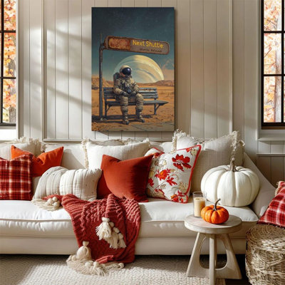 1 piece framed Almaraz painting Astronaut, interstellar waiting scene, vintage sci-fi illustration style Decorative retro wall poster home decor Modern artwork perfect gift for bedroom and living room