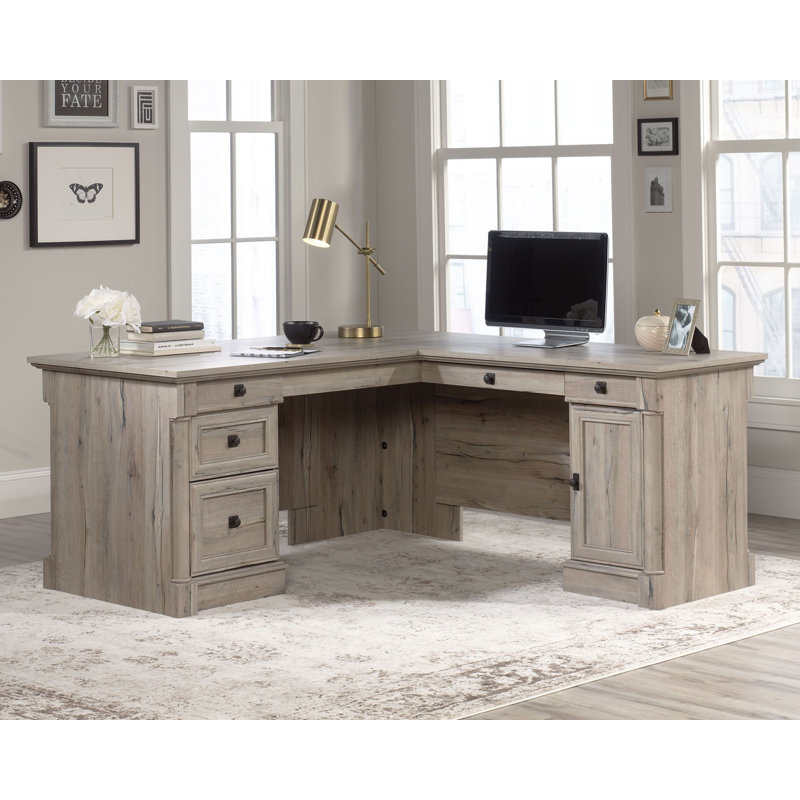 Split Oak L-Shaped Computer Desk with Drawers and Keyboard Tray