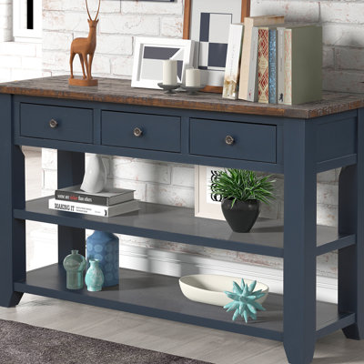 Table d'appoint 48 po en bois de pin massif, bleu, 3 tiroirs et 2 tablettes, pour la chambre à coucher, le salon, la console simple à assemblage simple et les tablettes