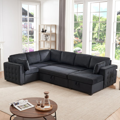 111" L-Shaped Modular Sofa Bed With Pull-Out Sleeper & Deep Storage Chaise - Velvet Black - 2800 Lbs Capacity - Easy Assembly