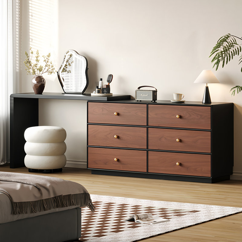 Modern Vanity Desk with 6 Drawers and Rotatable Extension Table, Walnut Finish