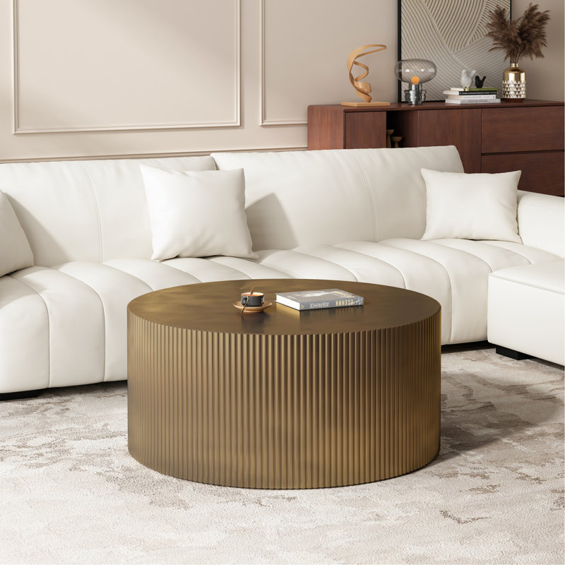 Table basse à rayures Minimalist Wave, table basse ronde moderne, table basse Drum Circle pour salon, chambre à coucher, laiton antique