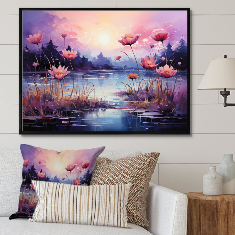 «Pink Purple Riverside Serenity I», reproduction sur toile, Cadre flottant noir, H 30 po x l 40 po