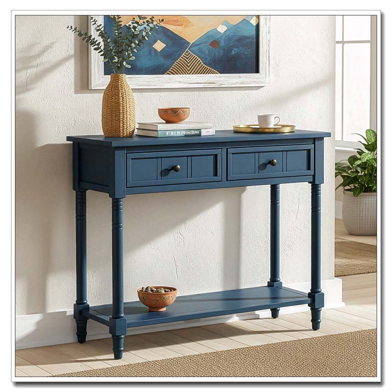 Console avec deux tiroirs et tablette inférieure, Bleu marine foncé