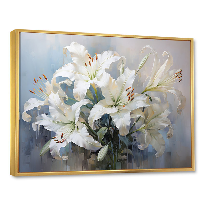 Lys blancs en fleurs - Art mural lys, H 34 po x l 44 po x P 1,5 po, Cadre flottant doré