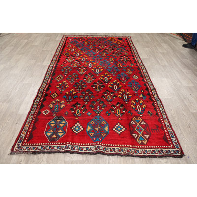 Tapis rouge en laine noué à la main de conception unique 4 pi 9 po x 8 pi 8 po Noguera