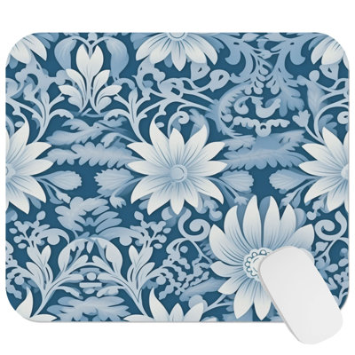 Botanical Blue William Morris Damask Style Pattern II & Traditional Gaming Cute Office Laptop Desk Pad Gift Mat Square Rectangle Non-Slip Mousepad