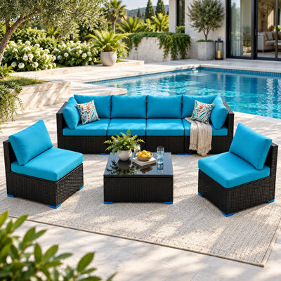 Ensemble de conversation modulaire d'extérieur 7 pièces avec osier en PE, coussins et table basse