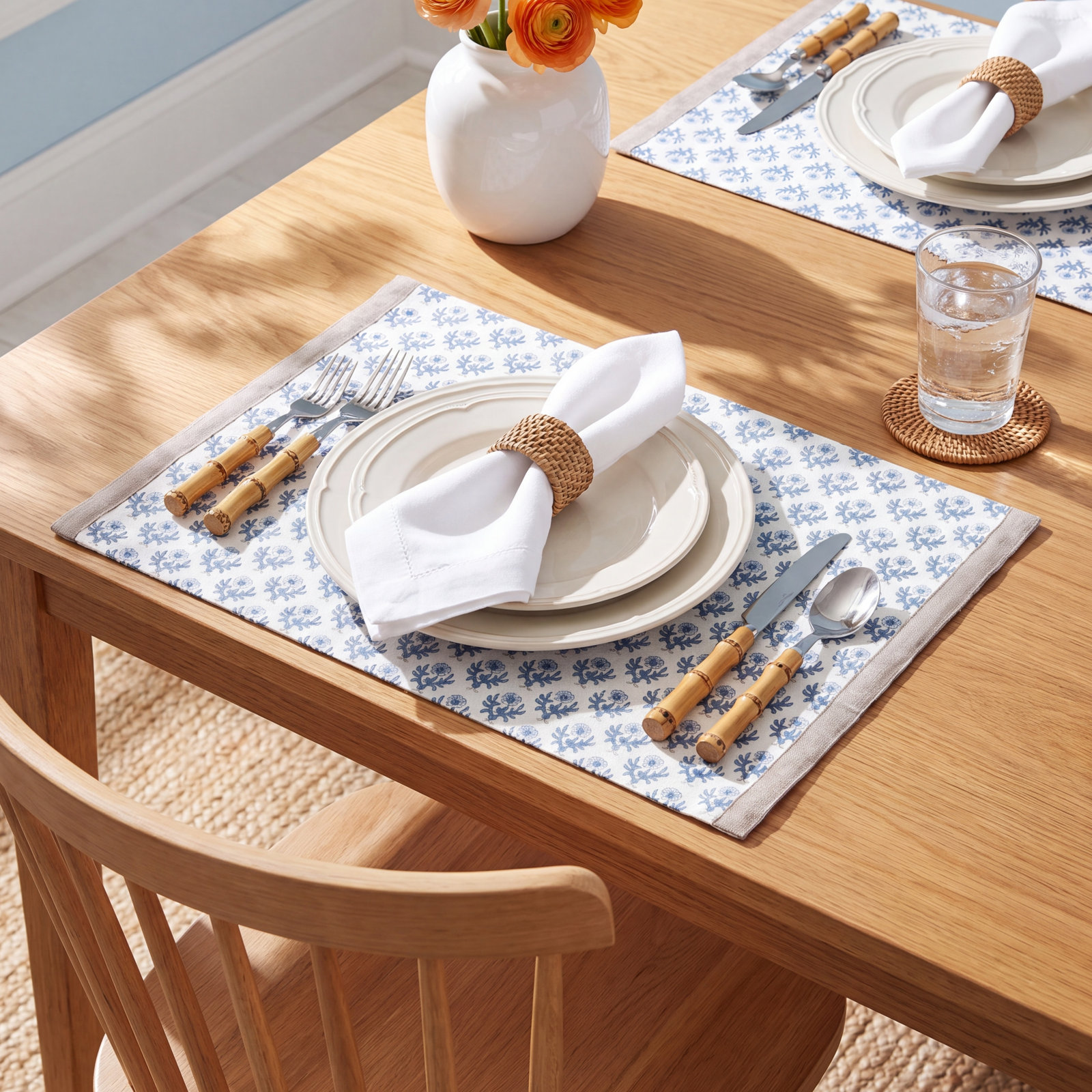 Hand-Blocked Cotton Placemat, Blue Bloom