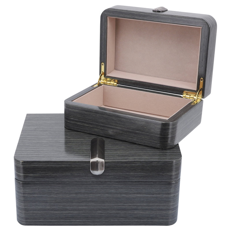 Set of Two Gray Wood Boxes with Metal Clasp and Fabric Interior