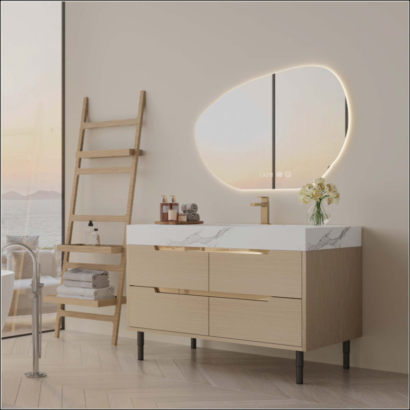 Meuble-lavabo moderne avec lavabo sous comptoir, plateau en pierre frittée, bois massif multi-couches imperméable, rangement à 4 tiroirs, autoportant / mural