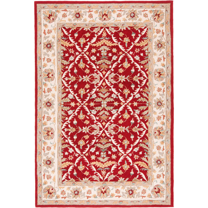 Tapis oriental rouge et ivoire crocheté à la main Driffield, Rectangle 6 pi x 9 pi