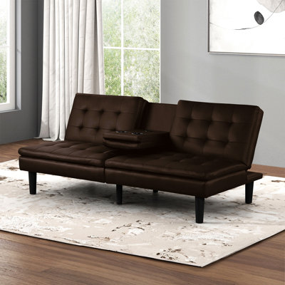 Contemporary Brown Futon, Convertible Bed, Biscuit - Cushions And A C Chargers Drop Down Table With Cup Holders Futon Seating, Converts To Bed Comes P