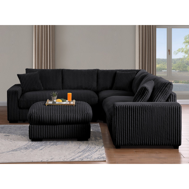 Latitude Run Shariff 4 - Piece 99'' Modular Oversized Reversible Corner Sectional, Jet Black Corduroy