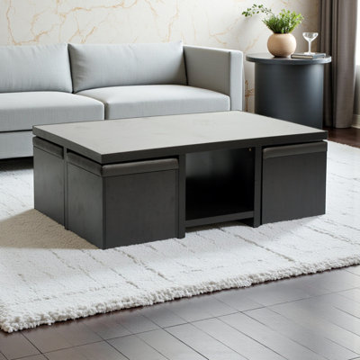 Coffee Table 4 cube shaped ottomans with dark brown faux leather lids, 16.97" H, 47.61" W, 31.13" D