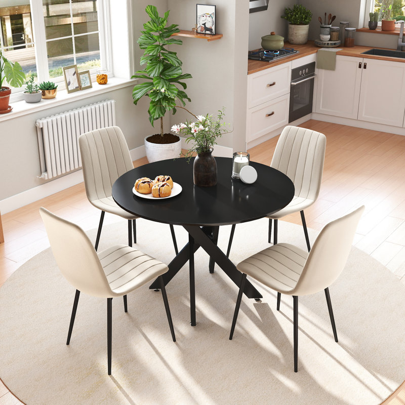 Ensemble de table de salle à manger 36 po avec chaises en velours, 5, Noir, noir, noir, noir, Beige