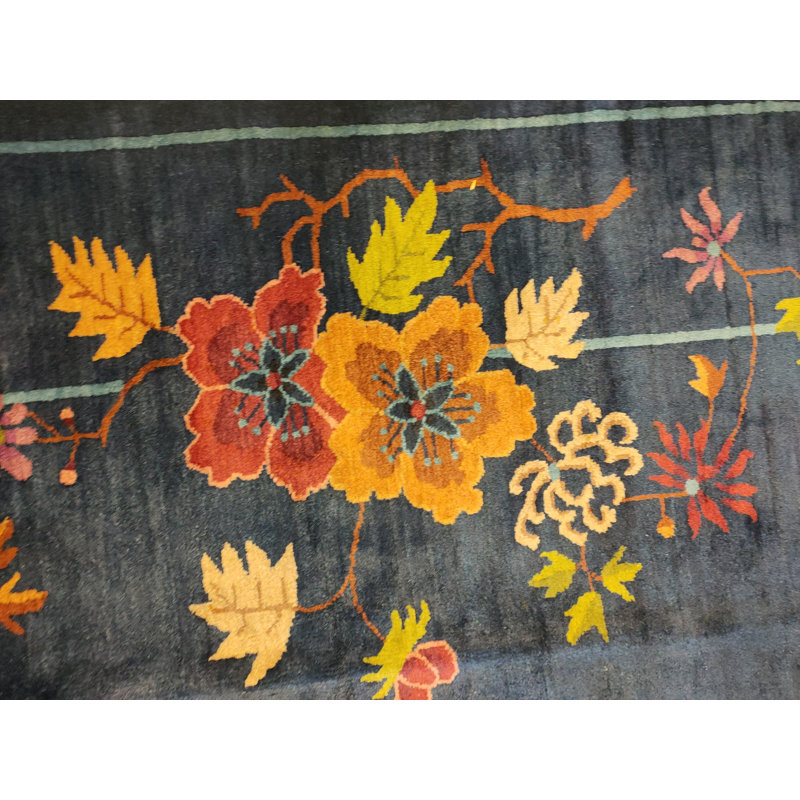 Navy Blue Color Field Antique Floral Pattern Chinese Deco Rug
