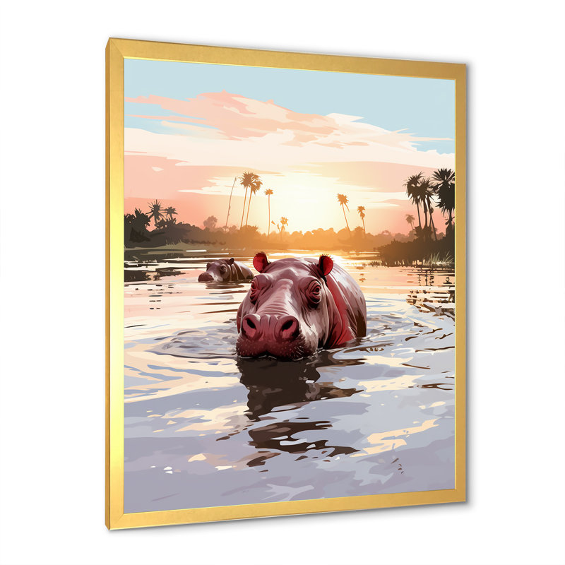 Gris, silhouette d'un hippopotame safari - Hippopotame, Cadre doré simple, H 20 po x l 12 po x P 1 po