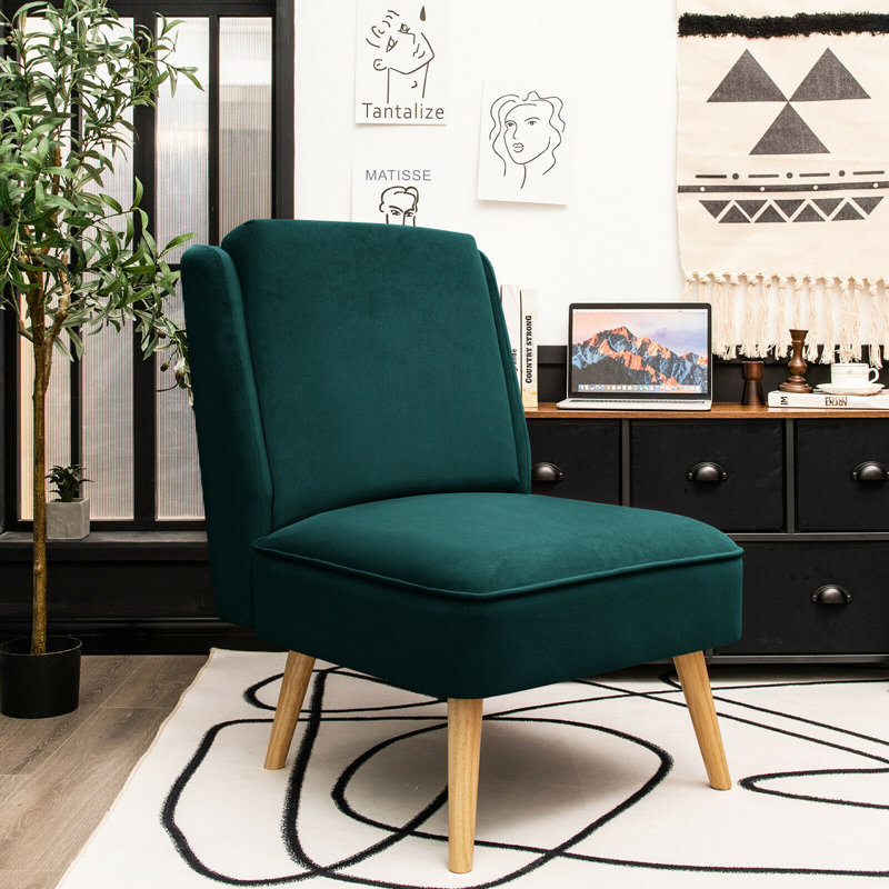 Green Velvet Armless Accent Chair with Wood Legs