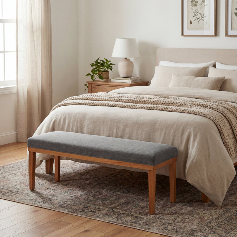 53" Gray Upholstered Bedroom Bench, Wooden Frame Foot of the Bed Bench with Fabric Seat for Bedroom, End of Bed Seat Stool
