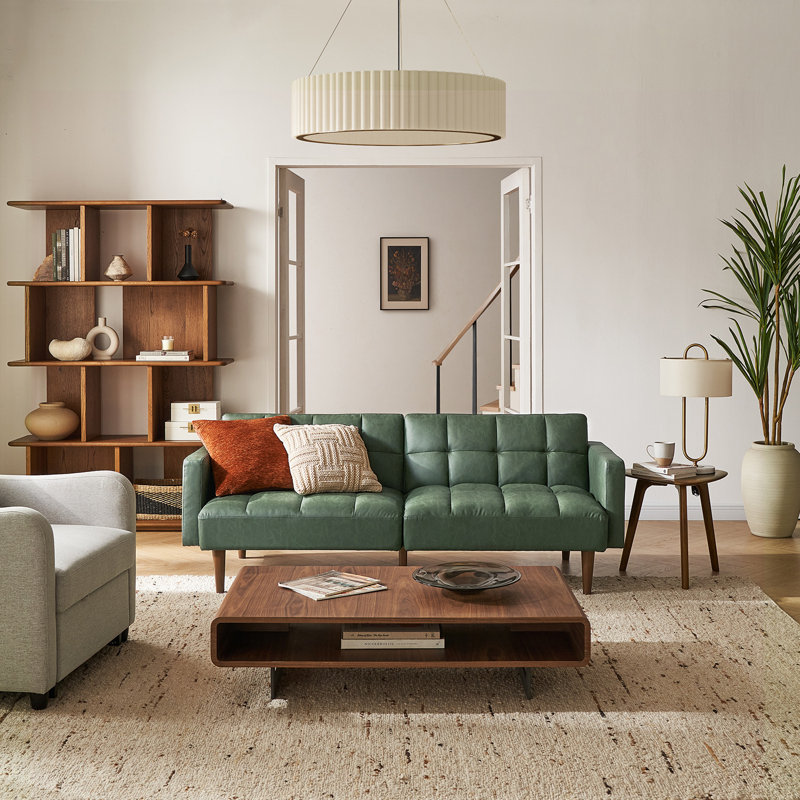 Reiana Twin 76.8'' Faux Leather Convertible Sofa, Sage Green Faux Leather
