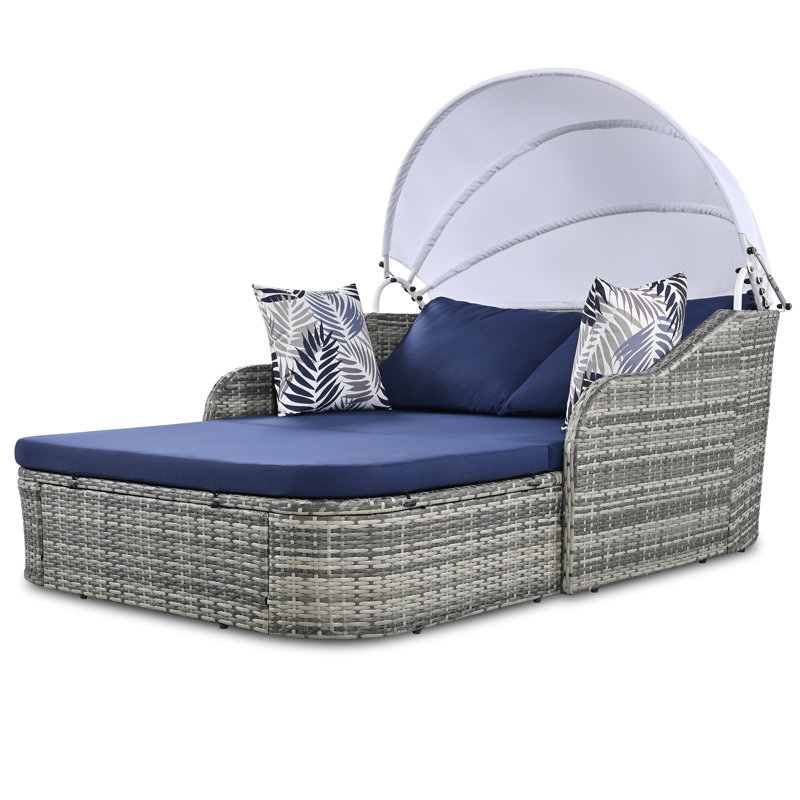 Lit de bronzage d'extérieur 79,9 "avec auvent réglable, lit de jour avec coussins, Bleu, Gris clair