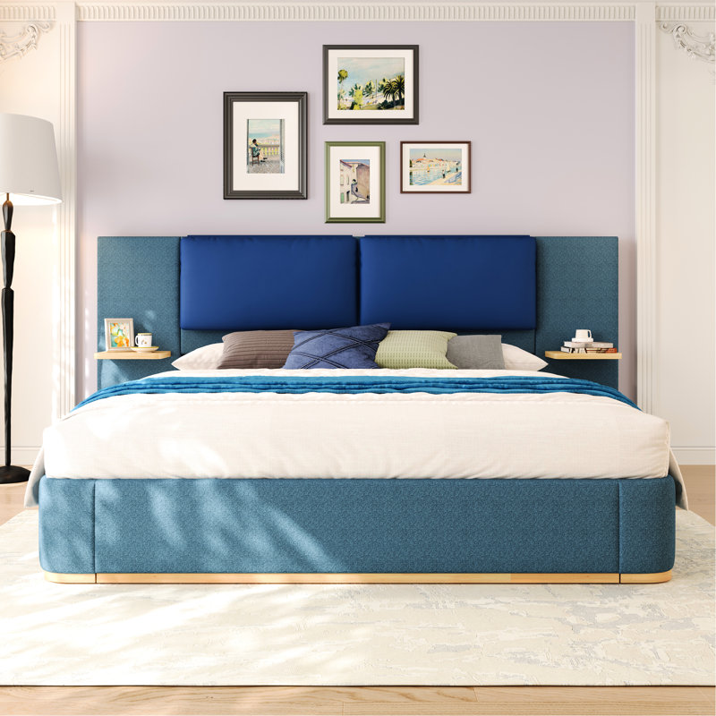 Queen Size Upholstered Platform Bed, Blue, - Collision Soft Corners, Practical Storage On Bed Sides, Modern Elegant Appearance, Leather Accents, Wooden And Metal Structure, No Box Spring Size, Edges,