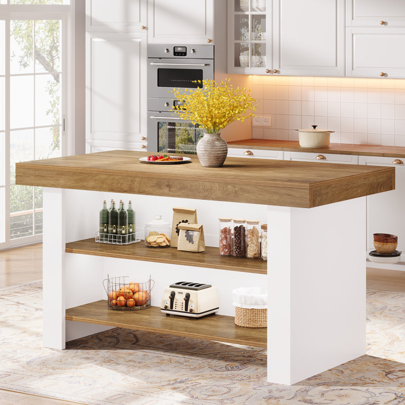 Îlot de cuisine 55 po avec rangement, Blanc, Brun