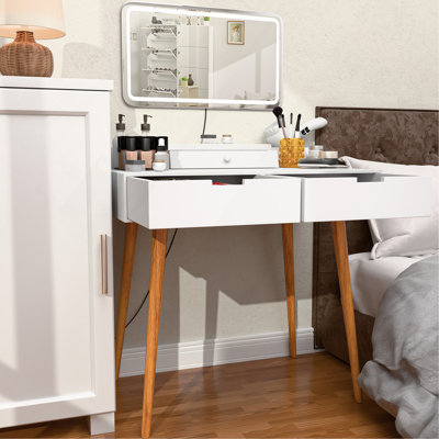 Makeup Vanity Desk With Removable Mirror And Lights, 3 Color Modes Adjustable Brightness Dressing Table, Small Vanity Table Set With 2 Drawers For Bedroom, White 31.5"