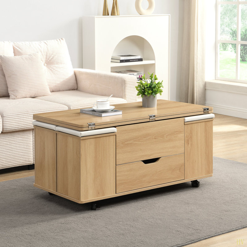 Table basse multifonctionnelle à plateau relevable avec rangement caché et tabourets, table centrale moderne multifonctionnelle avec 4 tabourets et roulettes, pour les espaces de vie modernes