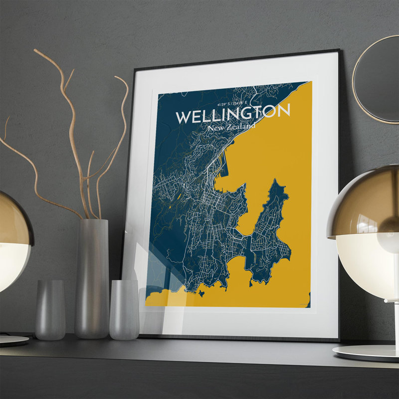 Wellington, carte de la ville, impression, H 27,6 po x l 19,7 po, Bleu / jaune