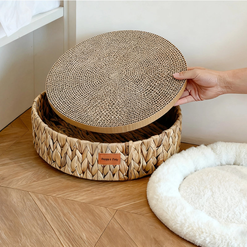  3-in-1 Woven Cat Bed With Plush Cushion and Scratch Pad, Breathable Gourd Grass Nest For All Seasons