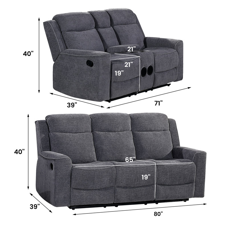 2 Piece  Soft Microfiber Manual Reclining Sofa Set, Sofa w/Dropdown Table, Loveseat with Bluetooth Speaker and Type-C Charger Charcoal Gray