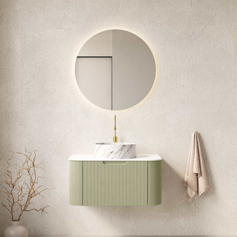 Meuble-lavabo de 76 cm avec armoire murale à rayures 3D, lavabo rond blanc, préassemblé, céramique dure, tiroir à ouverture et fermeture stables, lavabo en pierre, tiroir, comptoir