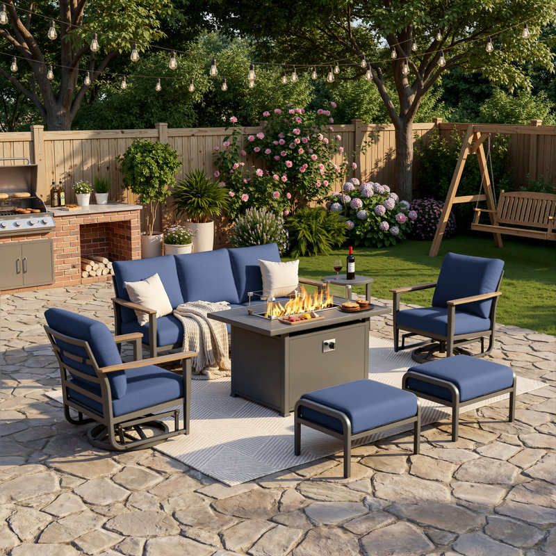 7-Person Outdoor Aluminum Patio Set With 55,000 BTU Fire Pit Table, Wood-Look Armrests, 5.12" Cushions, Swivel Chairs & Ottomans
